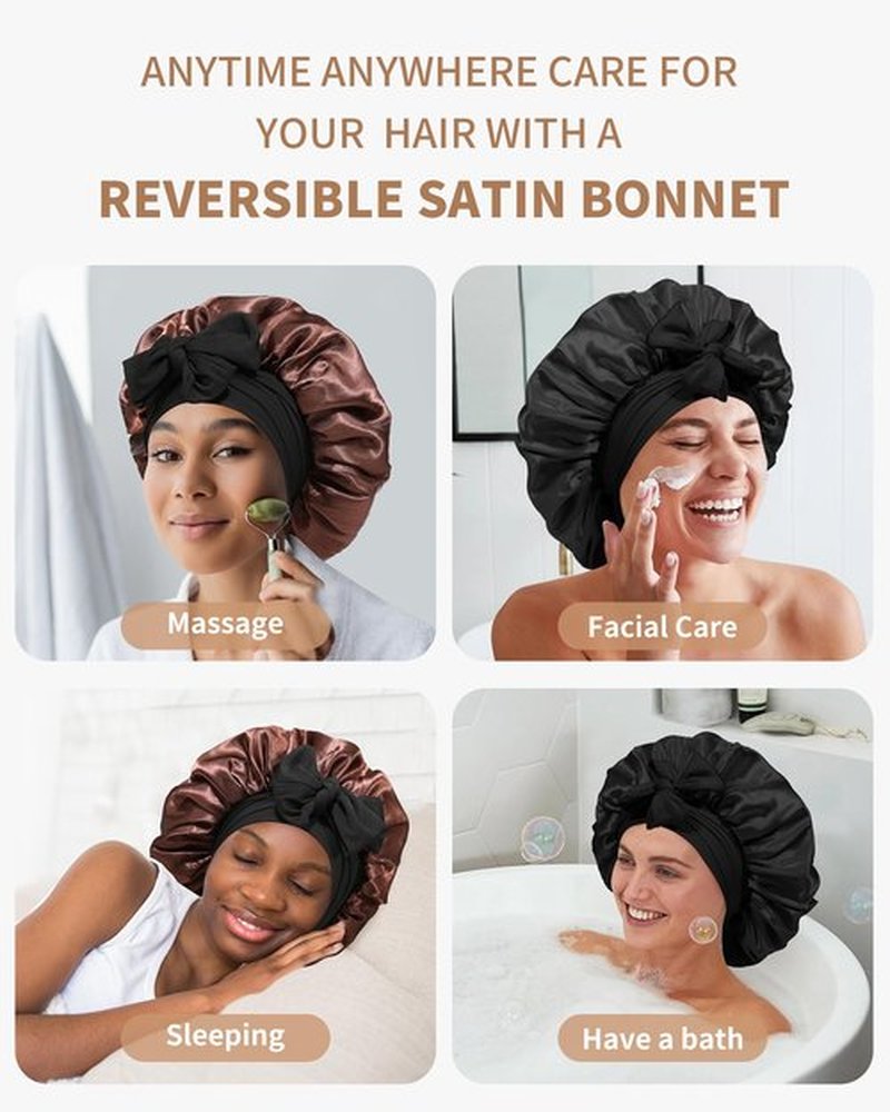 Satin Bonnet for Women Silk Bonnets for Sleeping Curly Hair Bonnet with Elastic Tie Band Reversible Double Layer Sleep Cap Hair Wrap (Black +Brown)