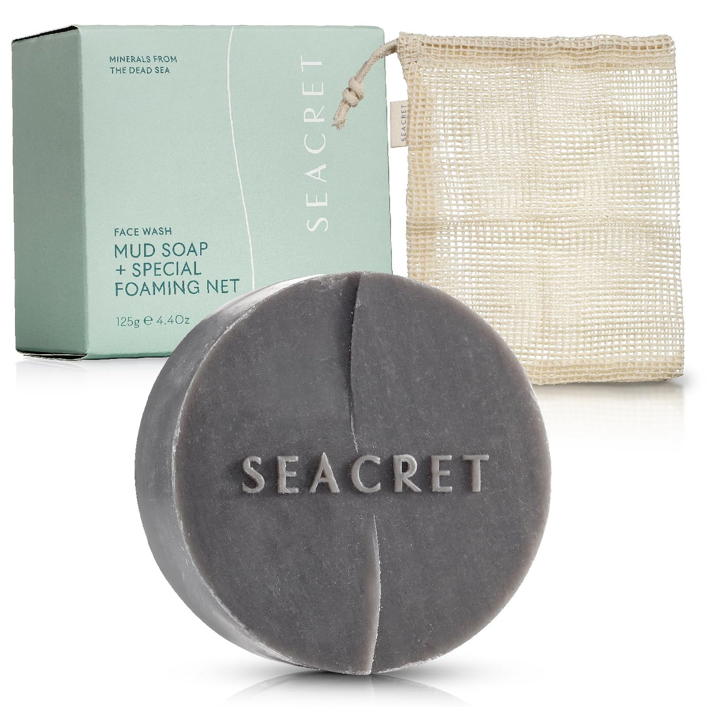 SEACRET Dead Sea Mud Soap Bar & Foaming Net - Deep Pore Purifying & Refining Facial Cleanser with Minerals and Witch Hazel, Natural Spa Bar for Normal to Oily Skin, Fragrance-Free, 4.4 Oz / 125 g