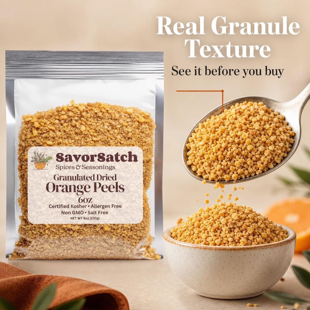 SavorSatch Dried Orange Peel Granules - 6 oz Stand-Up Resealable Pouch | Certified Kosher, Non-GMO | Product of Spain | Fresh and Zesty Citrus Flavor for Cooking, Baking, and Beverages