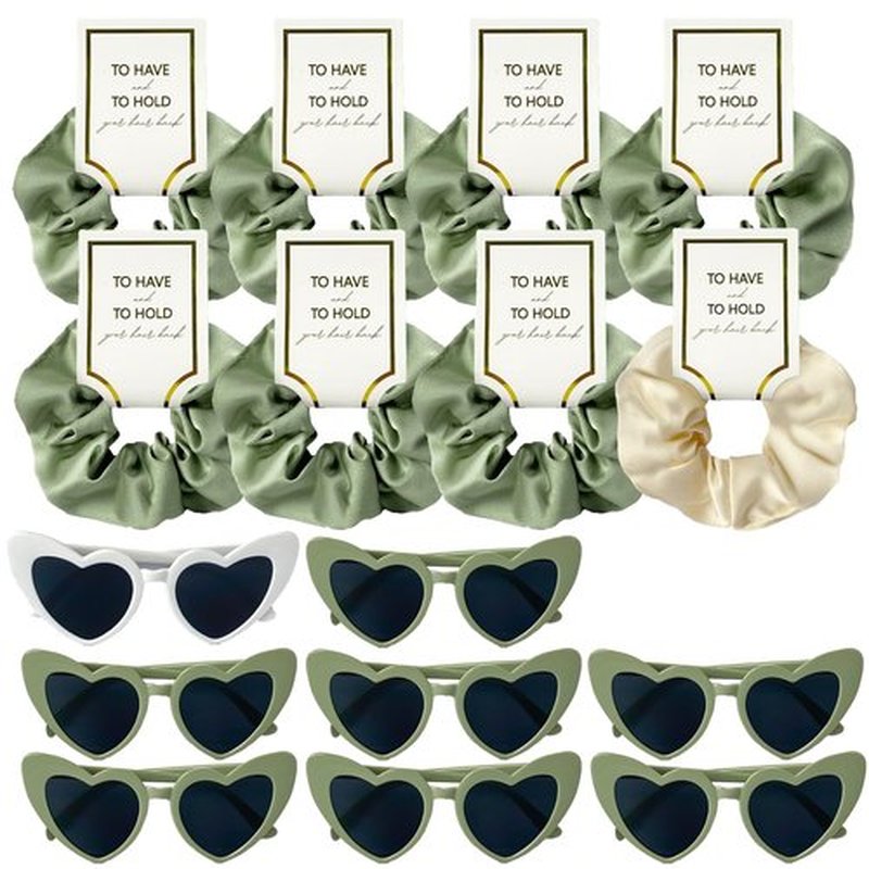 HHENGDAS Satin Bridesmaid Scrunchies Set of 8 Bachelorette Heart Sunglasses Hair Ties Bridal Shower Gift for Wedding Bachelorette Party Favors Bridesmaid Proposal Gifts (Off-white/White&Sage Green)