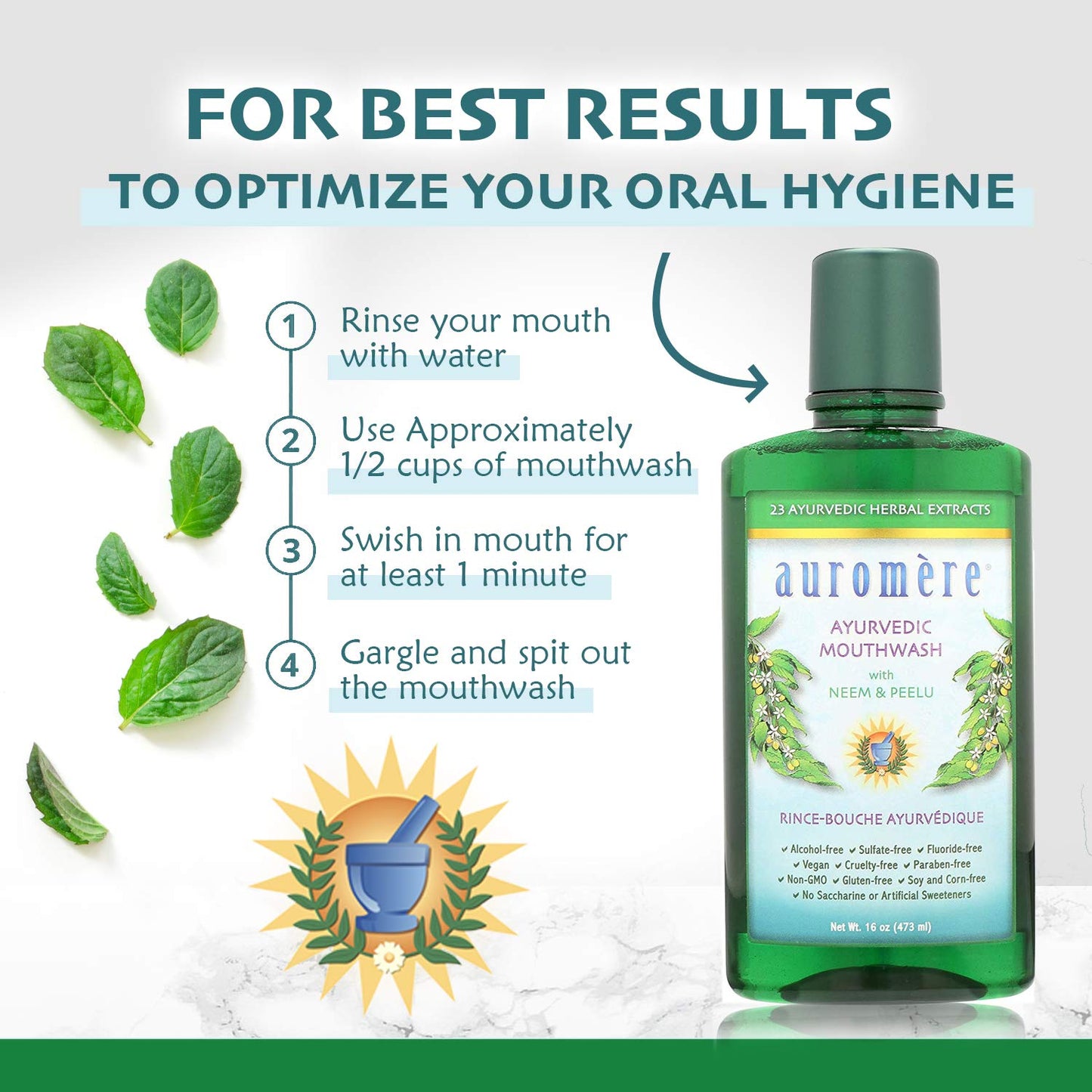 Auromere Ayurvedic Natural Mouthwash for Adults & Kids - Alcohol Free Mouthwash for Bad Breath, Fluoride Free, Neem Oral Rinse, Support for Teeth, Gums & Fresh Breath, Vegan, Non-GMO- 16 Fl Oz, 2 Pack