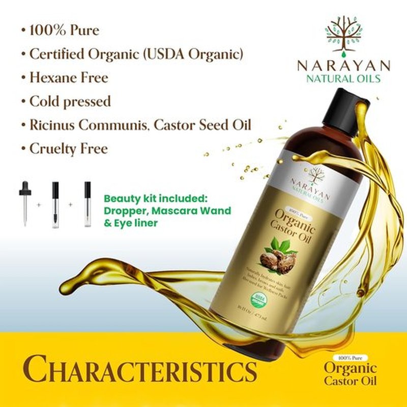 Narayan Organic Castor Oil (16 Fl Oz Glass bottle) — USDA Certified Natural Hexane & Cruelty Free Cold Pressed — For Hair Growth, Eyelashes, Eyebrows & Skin — Extraordinary for Wellness Packs