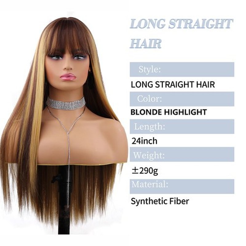Amarlis Blonde Highlight Wigs for Women, Blonde Mix Brown Wig with Bangs Silky Soft Fiber Synthetic Wig for Daily Party Use(24 Inch,Blonde Highlight)