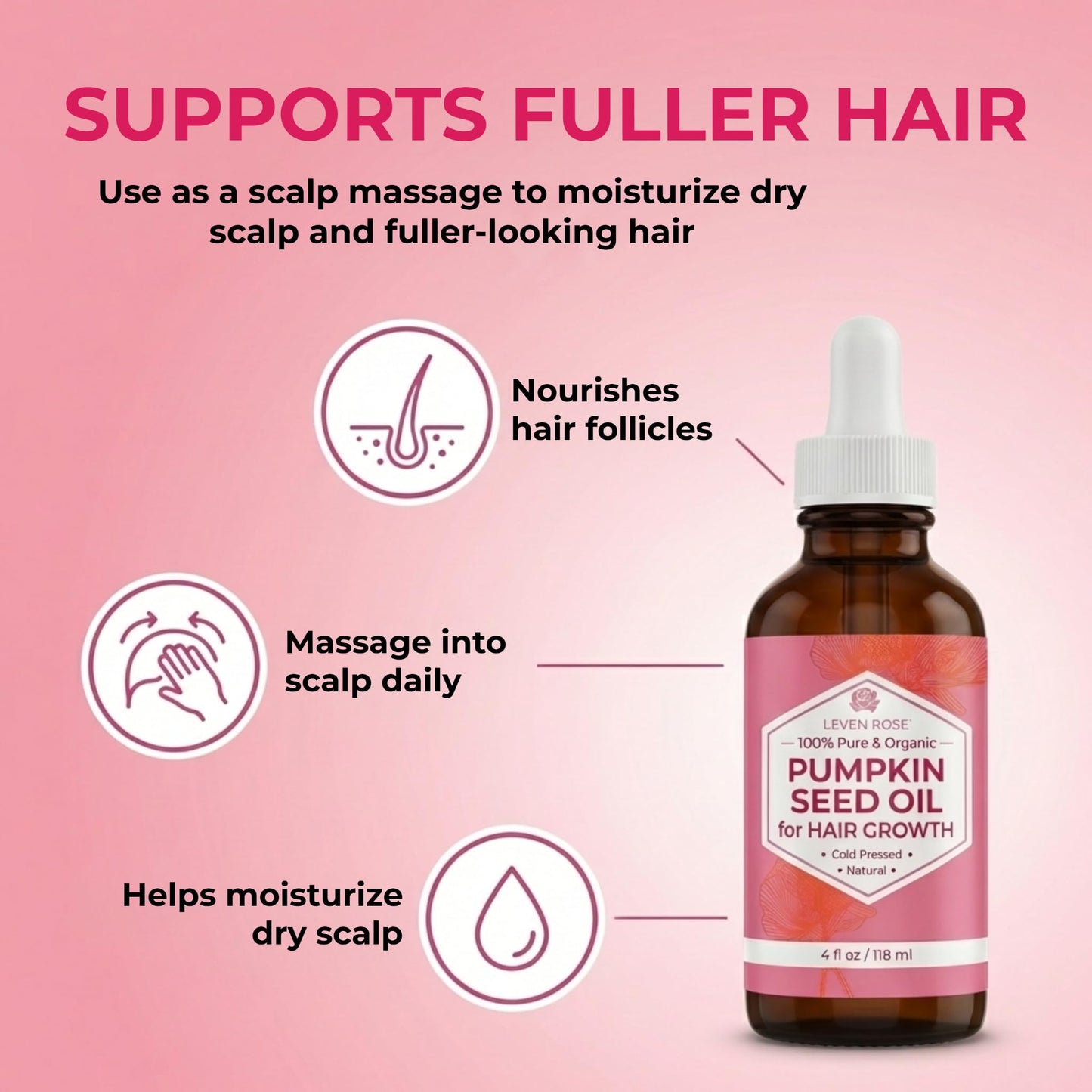 Leven Rose Organic Pumpkin Seed Oil, 4 oz, Pure Cold Pressed Unrefined Hexane Free Oil for Hair Growth, Scalp, Skin and Face, Made in USA with USA Grown Seeds