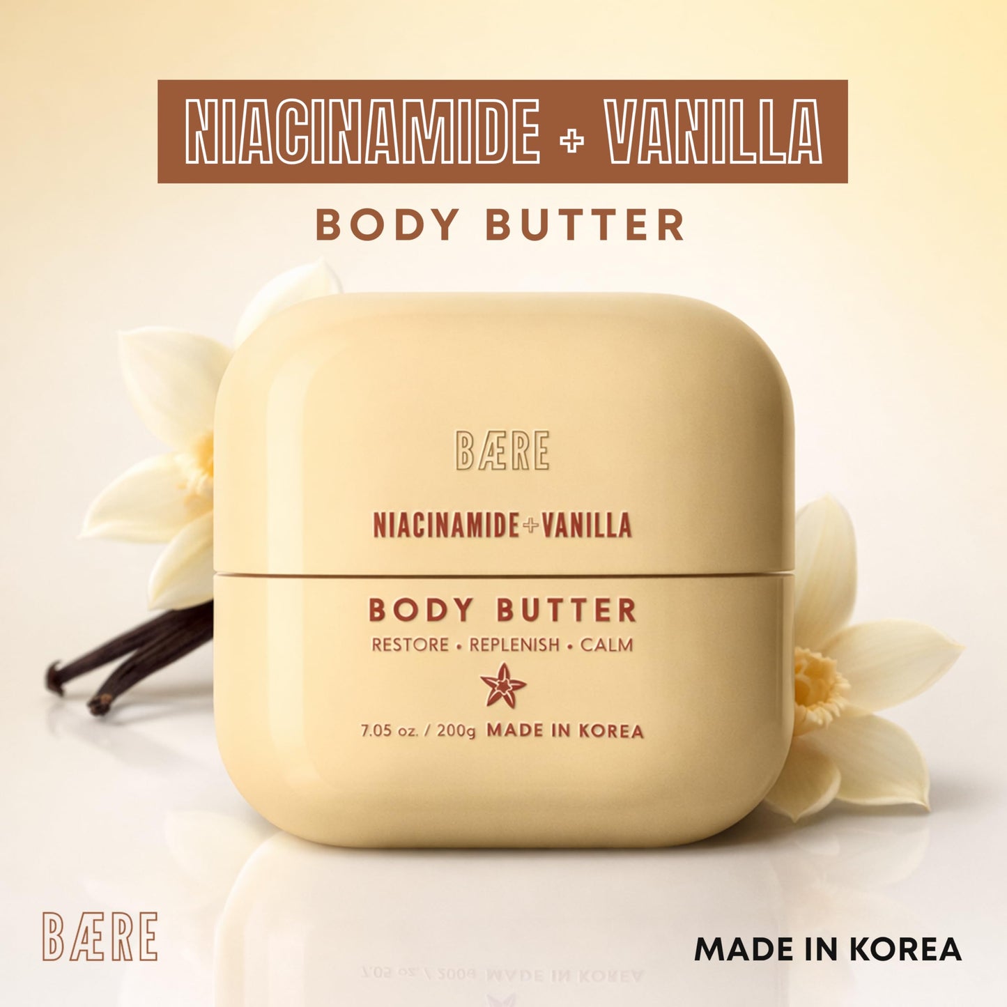 Baere Niacinamide Body Butter With Vanilla - Dermatologist Tested, Anti Aging, Korean Skin Care - Replenish Moisture, Calm Comfort & Restore Barrier - Vegan, Clean Beauty, Cruelty Free - 7.05 oz