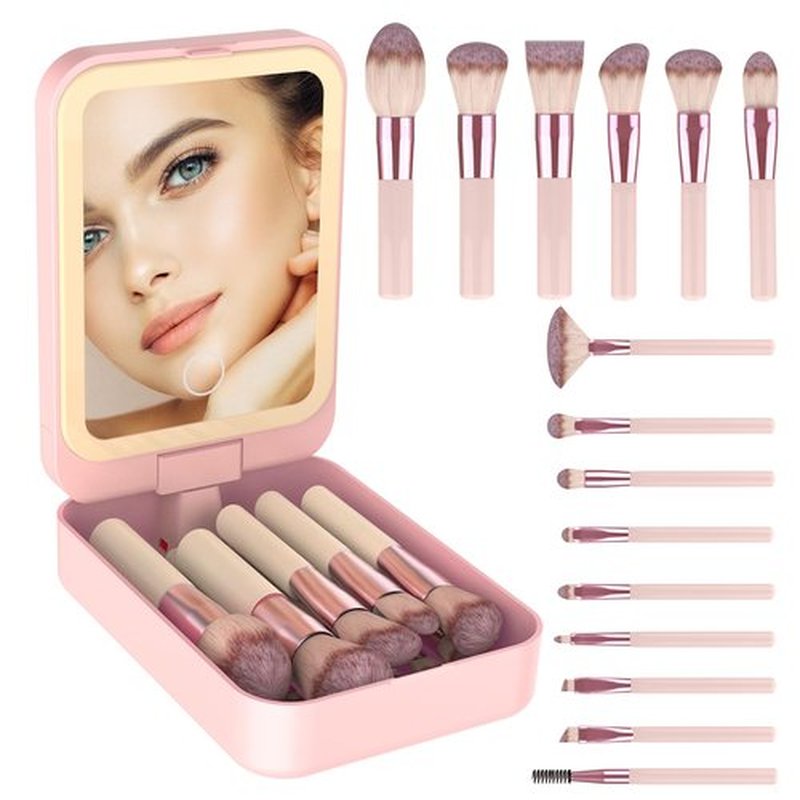 Birthday Gifts for Women-Travel Makeup Brush Set with LED Light Mirror, Travel Essentials for Women, Teen Girl Gifts Trendy Stuff, Bbridesmaid Gifts ideas