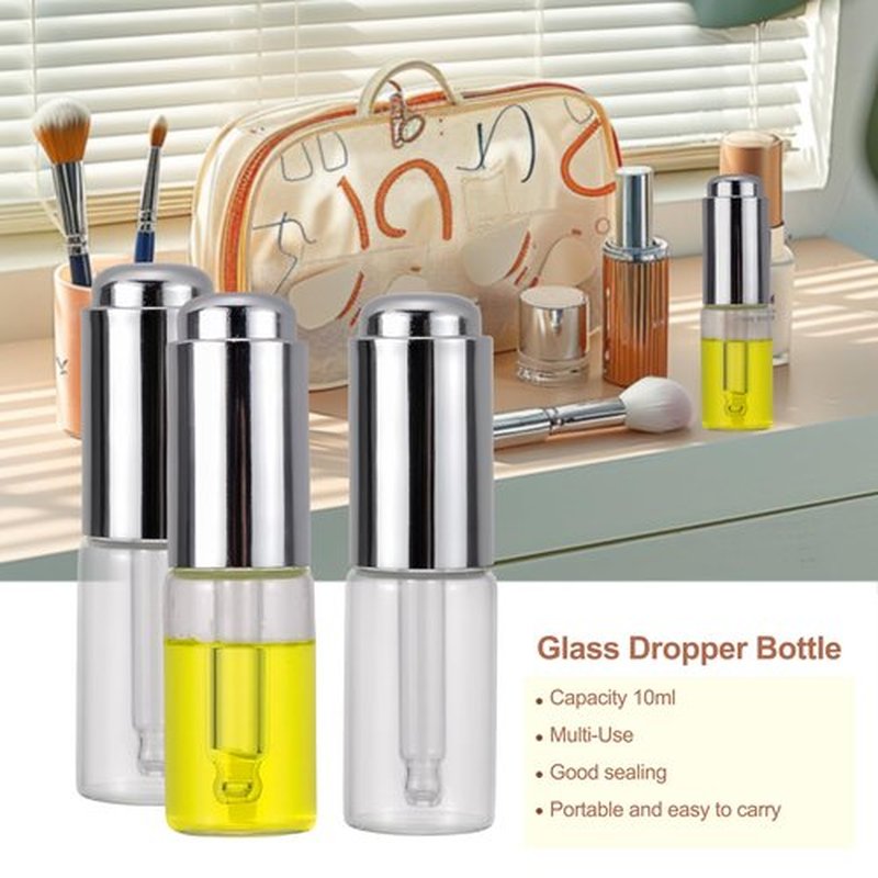 Ellbest 8Pcs 10 ml Clear Press Dropper Bottles, Empty Refillable Essential Oil Bottles Container Perfume Cosmetic Bottle Travel Pressing Dropper Bottle, Silver Cap