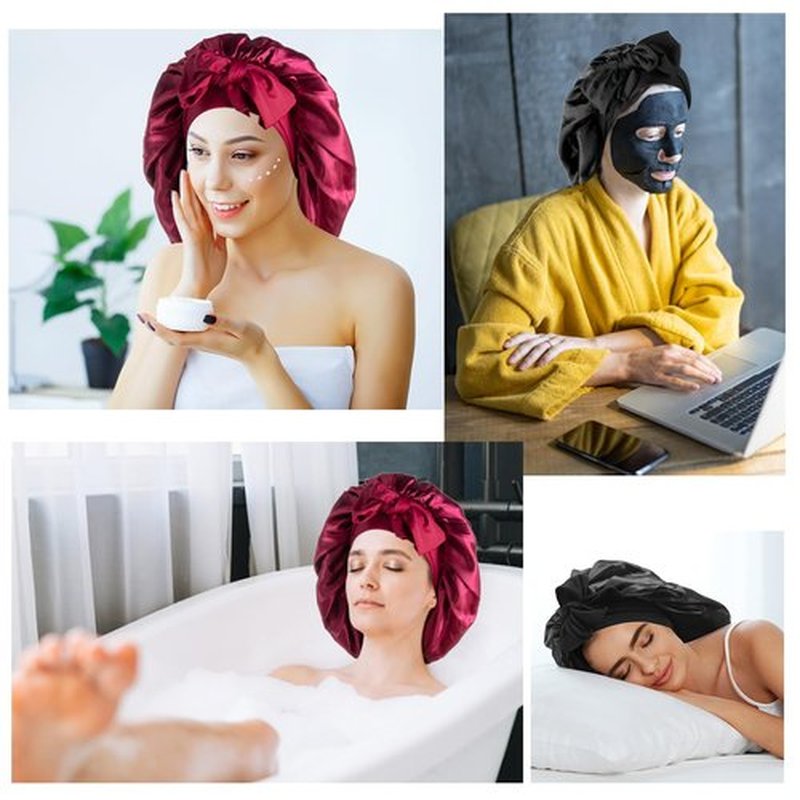 Arqumi Pack of 2 Satin Sleeping Bonnet,Large Satin Sleep Bonnet with Elastic Long Strap,Adjustable Sleep Cap Hair Bonnet for Women & Men,Black+Red