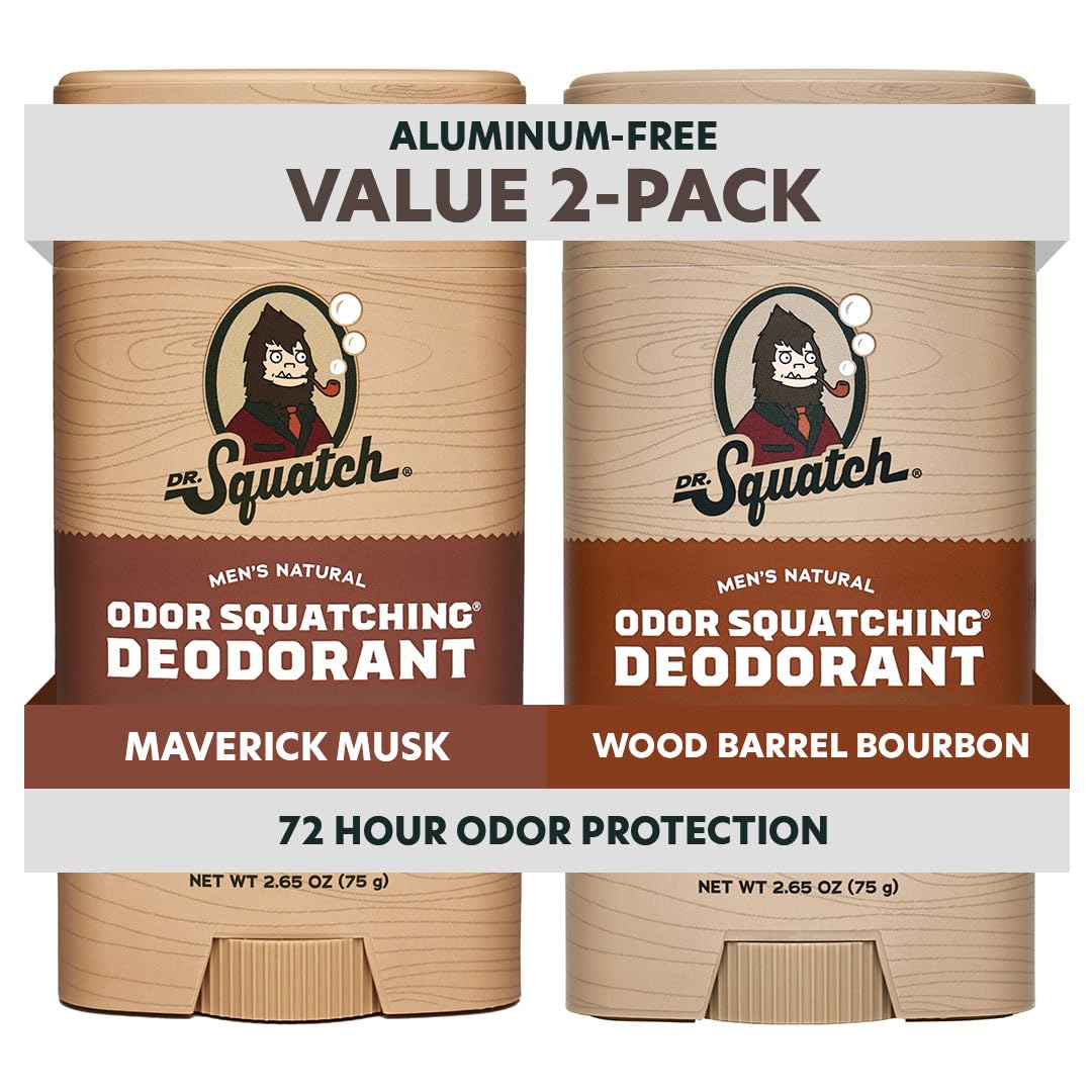 Dr. Squatch Natural Men’s Deodorant – Aluminum Free Natural Deodorant Men with Charcoal & Postbiotics for 72-Hour Odor Protection – Maverick Musk + Wood Barrel Bourbon, 2.65oz Stick (2-Pack)