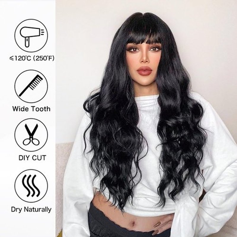 ponyttda 26 Inch Black Wig with Bangs Long Wavy Black Wigs for Women Natural Black Curly Hair Wig Heat Resistant Black Wavy Synthetic Wig for Daily Party Use