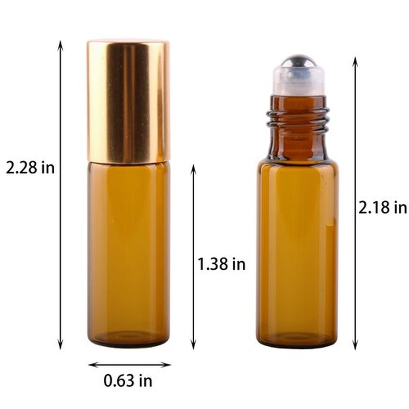 MaxMau Pack of 100,5ml Amber Glass Roller Bottles for Essential Oils Refillable Roll on Bottle with Stainless Steel Roller Balls Golden Cap For Home Travel Aromatherapy