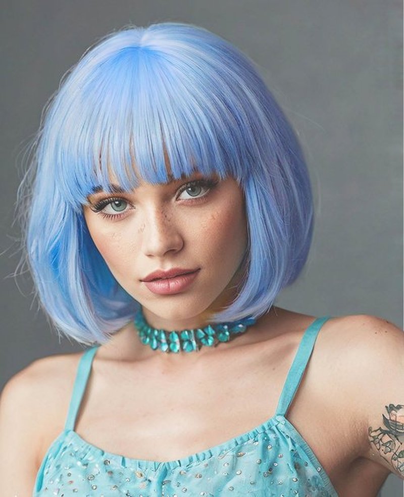 MaxlaceWig Blue Bob Wig with Bangs for Women, 12 Inch Short Light Blue Straight Bob Wigs, Natural Looking Synthetic Heat Resistant Fiber Wig for Girls Daily Party Use, Light Blue Colorful Cosplay Wig