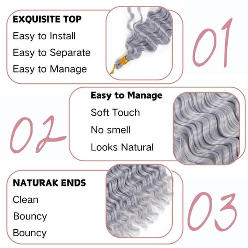 Ocean Wave Crochet Hair 20 inch 3packs Deep Wave Crochet Hair Synthetic Wave Curly Braiding Hair Extensions Ocean Wave Braiding Hair for Black Women (20 inch, Grey)