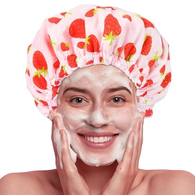 Shower Cap for Women Terry Lined Bath Cap Large Reusable Waterproof Elastic Band Pink Shower Caps for Long Thick Hair Soft Bath Shower Hair Caps