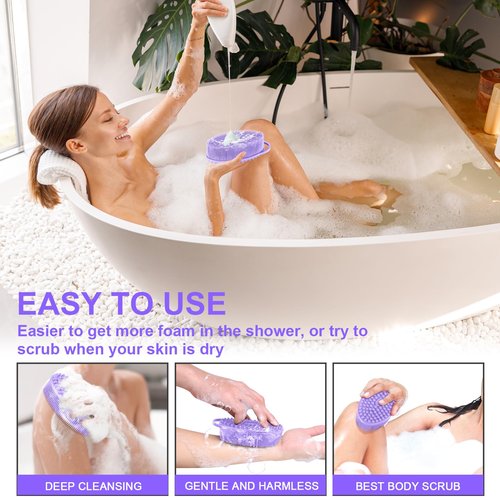 Metene Silicone Exfoliating Body Scrubber with Loop, Body Scrubber for Men and Women, Silicone Loofah for Shower, Soft Silicone Body Scrubber for Shower and Bath Skincare Routine (Purple)