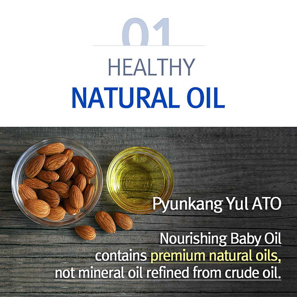 PYUNKANG YUL ATO Nourishing Baby Oil - Premium Natural Oil - 6 Moisture Barriers Eliminating Dryness - Sweet Almond Sunflower seed and Olive Oil - Calming Irritated Baby Skin - Bergamot Oil 6.42 Fl oz