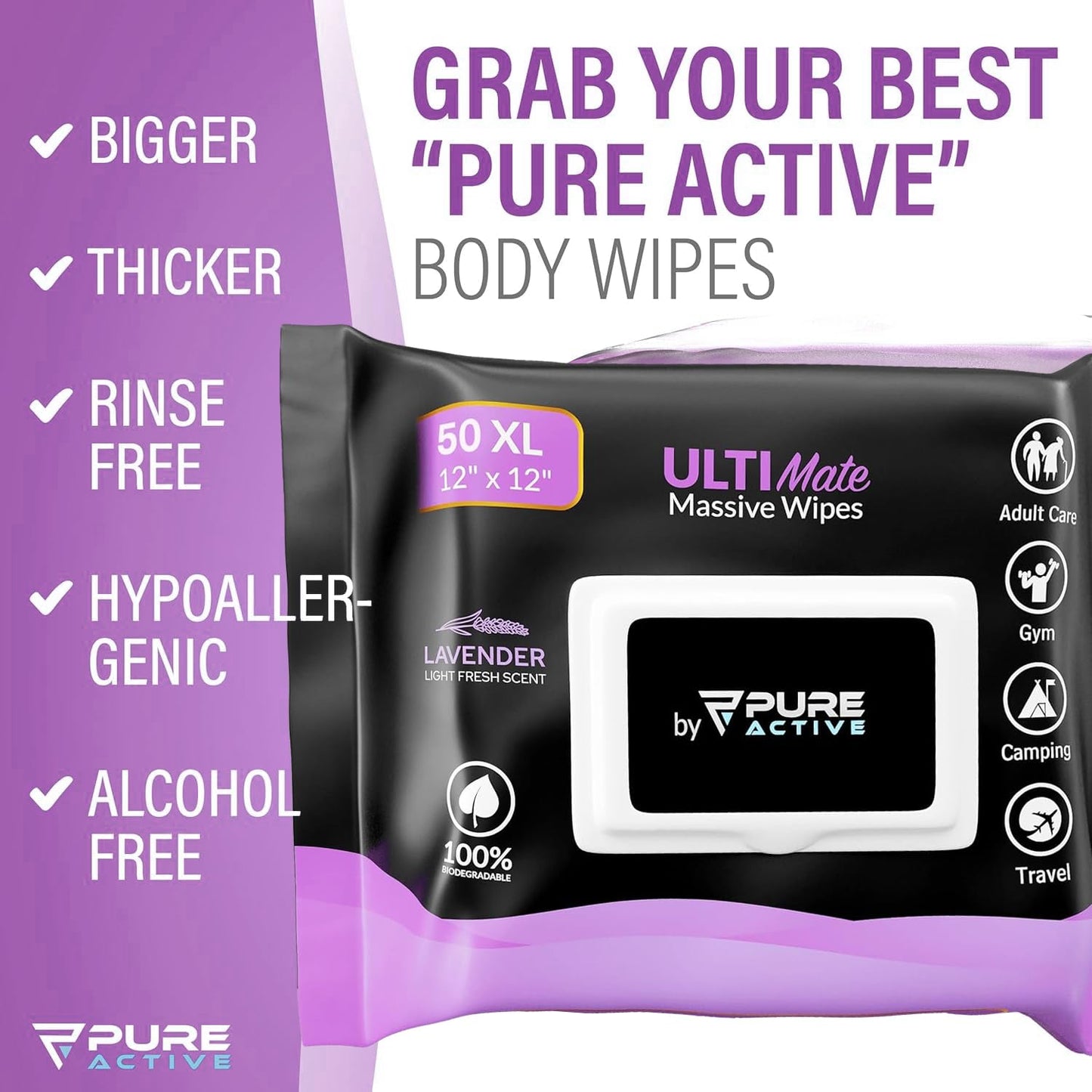 Pure Active XL Body Wipes for Face and Body, No Rinse Shower Wipes, with Aloe Vera, Vitamin E, and Alcohol Free, 12x12 Lavender 50 Pack