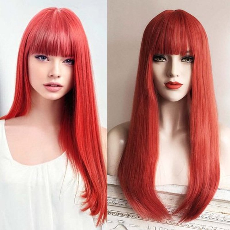 nevermindyrhead Red Orange Long Straight Wig with Fringe Bangs, Heat Resistance Synthetic Wigs for Women 24 Inch