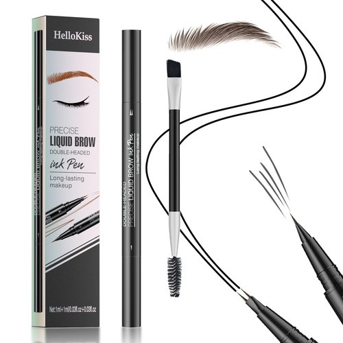 Eyebrow Pen, Curved Microblading Eyebrow Pencil, 2-in-1 Dual-Ended Natural Brow Eyebrow Pen with Micro-Fork-Tip and Precise Brush-Tip, Waterproof Long-Lasting Microblading Eyebrow Pen, Dark Brown