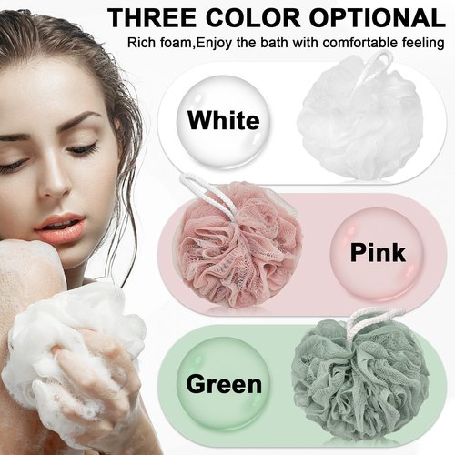 Loofah Charcoal Bath Shower Sponge Body Scrubber,75g Exfoliate Mesh Pouf Shower Bouquet,3 Pack Large Bath Sponge for Women and Men（White Pink Green）