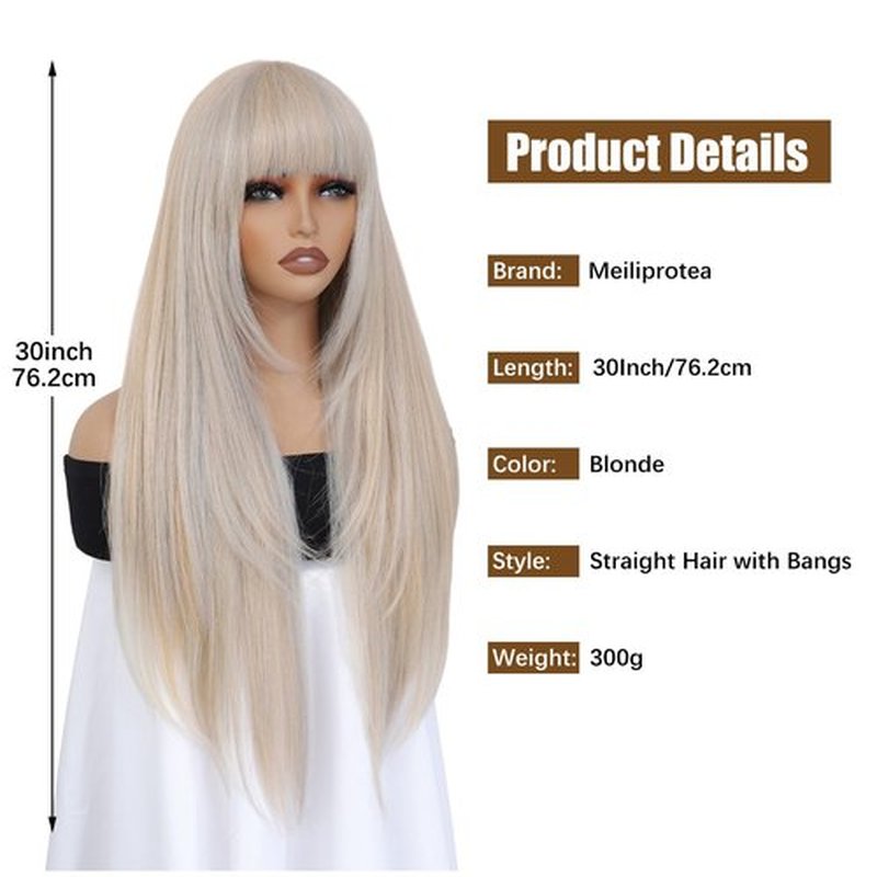 meiliprotea Blonde Striaght Layered Wig with Bangs Wear and Go Glueless Wig 30 Inch Blonde Wig with Bangs Layered Cut Long Straight Synthetic Wig for Women Daily Use(Blonde)