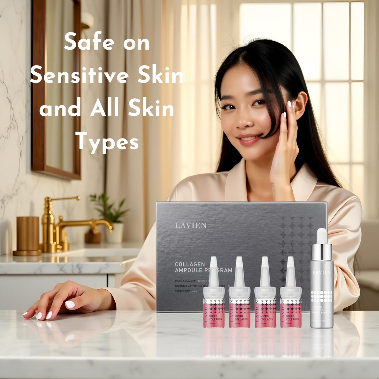 Lavien Collagen Ampoule Professional Program - Activating Booster, Ceramide, Elastin, Hyaluronic Acid, All Skin Types - 30ml Booster Bottle, 4-200mg Collagen with Dropper