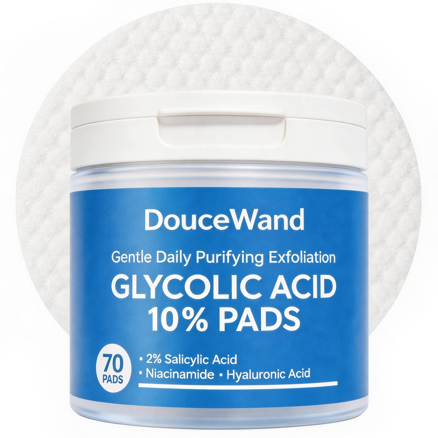 DouceWand Glycolic Acid 10% Resurfacing Pads (70 Count), 10% Ultra Pure Glycolic Acid + 2% Salicylic Acid - Exfoliating Peel for Face & Body with Niacinamide & Tweezers