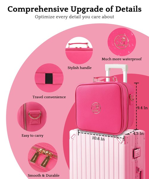 MOMIRA Travel Makeup Bag Cosmetic Bag with Lighted Mirror, Adjustable Brightness in 3 Color Scenarios/Detachable makeup mirror, 2024-All-round Upgrade, Waterproof, Gift for Women -Rose Red