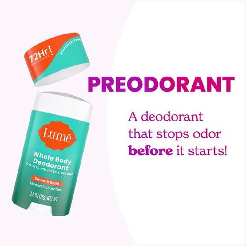 Lume Whole Body Deodorant - Smooth Solid Stick - 72 Hour Odor Control - Aluminum Free, Baking Soda Free and Skin Safe - 2.6 Ounce (Pack of 2) (Minted Cucumber)