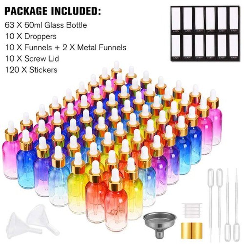 Eye Dropper Bottle 2 oz (63 Pack Rainbow Glass Bottles 60ml with Golden Caps, 2 Extra Eye Droppers, 120 Labels, 10 Funnel & Measured Pipettes)