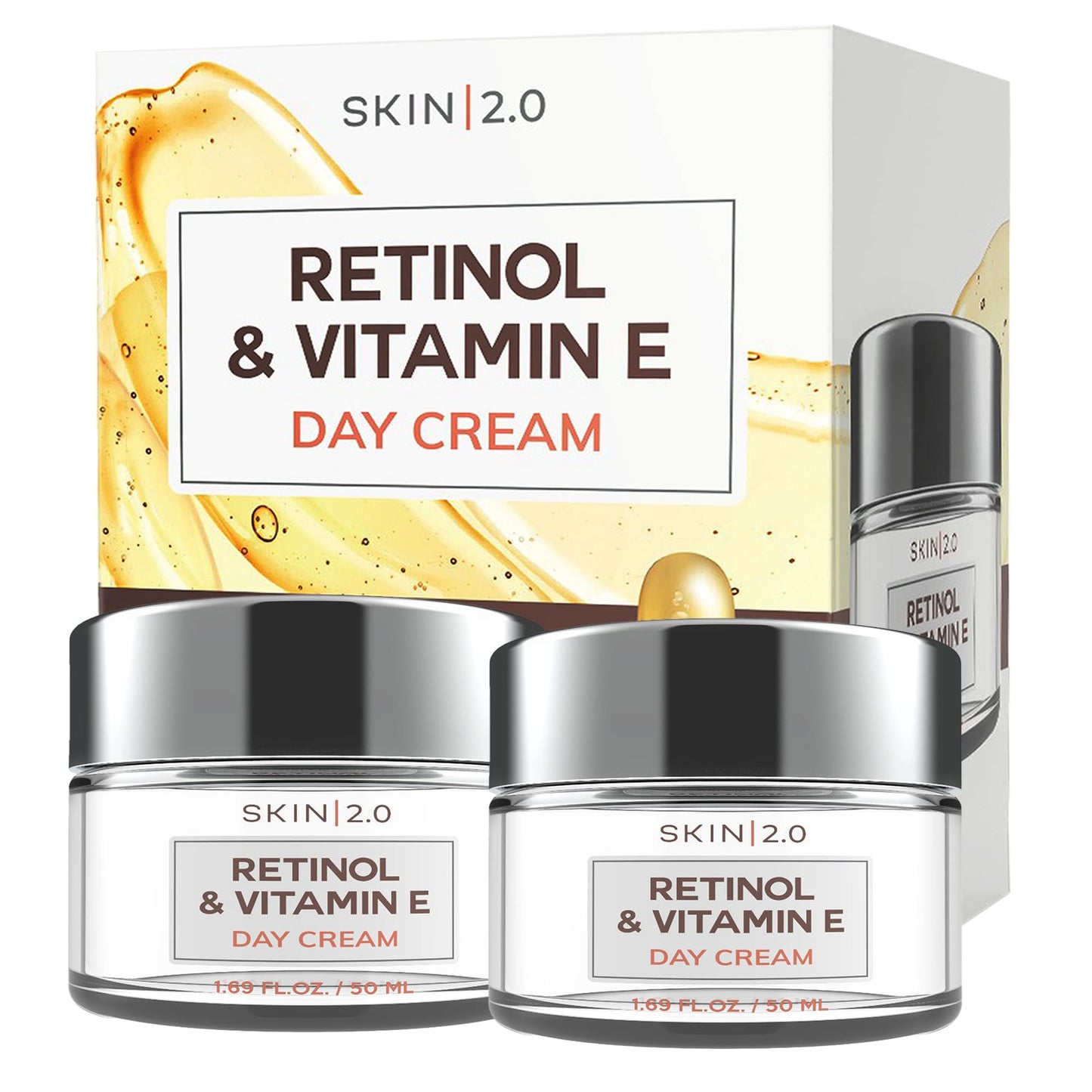 Skin 2.0 Retinol & Vitamin E Face Moisturizer - Dermatologist Tested, Hydrating, Restores Sun-Damaged Skin, Anti-Aging - Reduces Acne Scars, Clean Beauty, Cruelty-Free Korean Skincare - Duo Pack