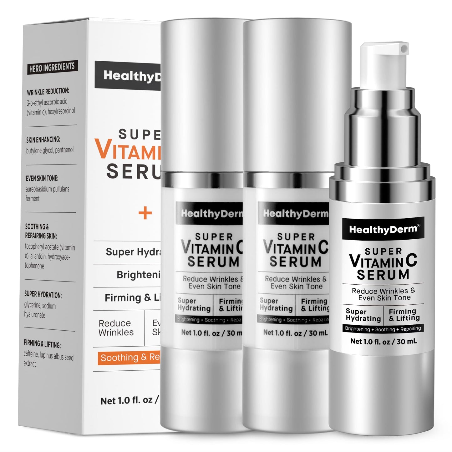 Super Vitamin C Serum for Women Over 70: Niacinamide, Vitamin C, Hyaluronic Acid, Peptides, Vitamin E, Caffeine, Bakuchiol, Hydrating, Lifting, Wrinkle & Age Spots Reduction Pack of 3