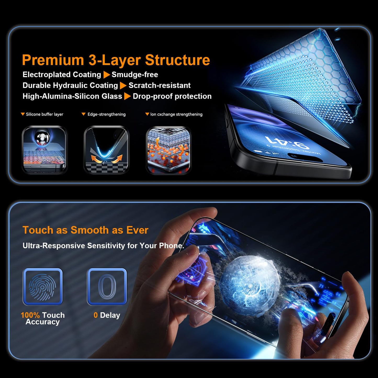 OneFish Screen Protector for iphone 13 Pro Max/14 Plus, 9H Hardness, HD Clarity Tempered Glass Film with Auto Dust-Elimination, Bubble Free, Easy Installation,2Pack