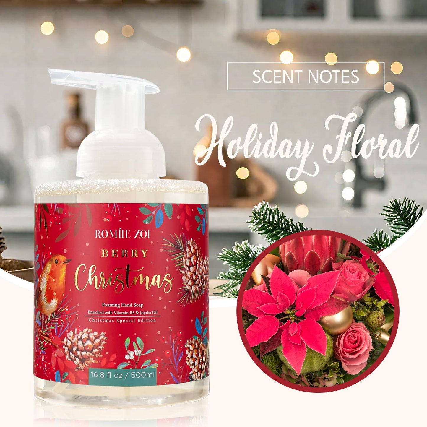 ROMIIE ZOI Christmas Foaming Hand Soap with Gift Box- Berry Christmas, Infused with Holiday Floral- 500ml/ 16.8oz