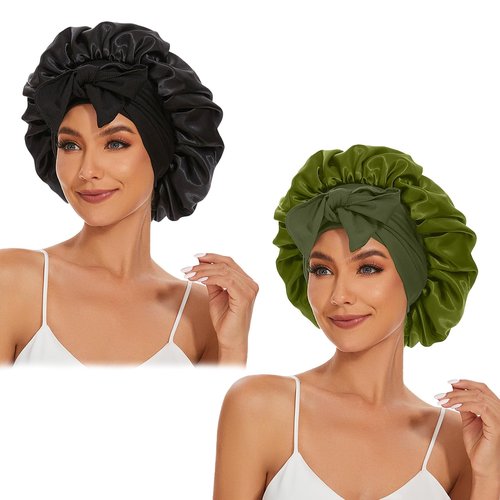 Satin Silk Bonnet Hair Bonnet for Sleeping Jumbo Sleep Cap, Black Bonnet for Women Curly Hair, Double Layer Bonnet with Tie Band Shower Cap