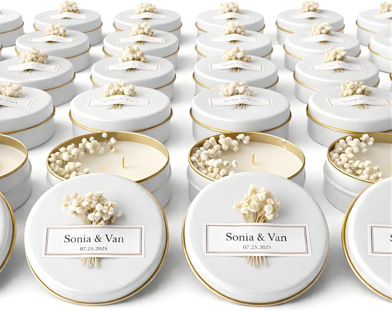 Personalized Soy Wax Candle Favors - Dried Flowers | White Tin Guest Gifts for Weddings & Showers (10-200 Count)