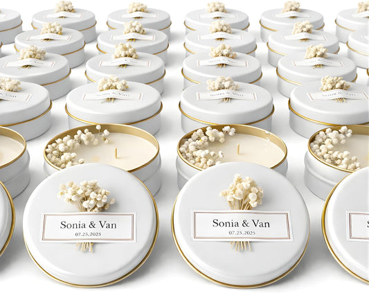 Personalized Soy Wax Candle Favors - Dried Flowers | White Tin Guest Gifts for Weddings & Showers (10-200 Count)