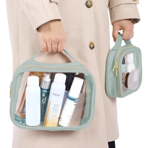PACKISM TSA Approved Toiletry Bag, 2 Pack Clear Makeup Bags with Handle Large Opening, Clear Toiletry Bags Fit Carry-on Travel Essential, Clear Travel Bags for Toiletries, Laurel Green