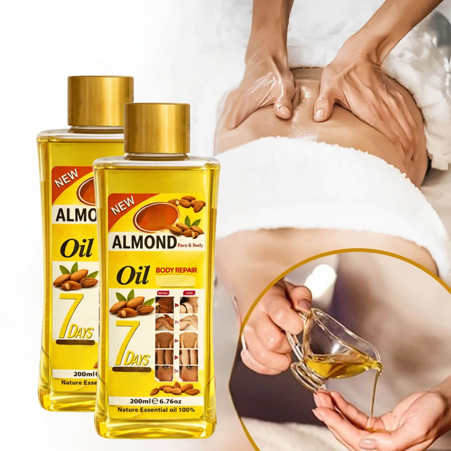 Almond Oil for Massage and Skin Moisturizing, Lightweight Hydrating Body Oil for Dry Skin, Spa Body Care Oil with Almond Extract, 200ml / 6.76 fl oz