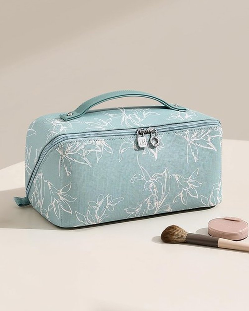 EACHY Travel Makeup Bag,Large Capacity Cosmetic Bags for Women,Waterproof Portable Pouch Open Flat Toiletry Bag Pattern Makeup Bag (F-Green-Large)