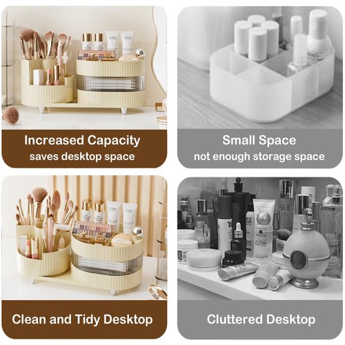 Rotating Makeup Organizer for Vanity with Brush Holder and Drawer, 3 Layer Cosmetic Makeup Storage, Large Makeup Skincare Organizer, Countertop Makeup Perfume Organizer, Lotions Display Case (Ivory)