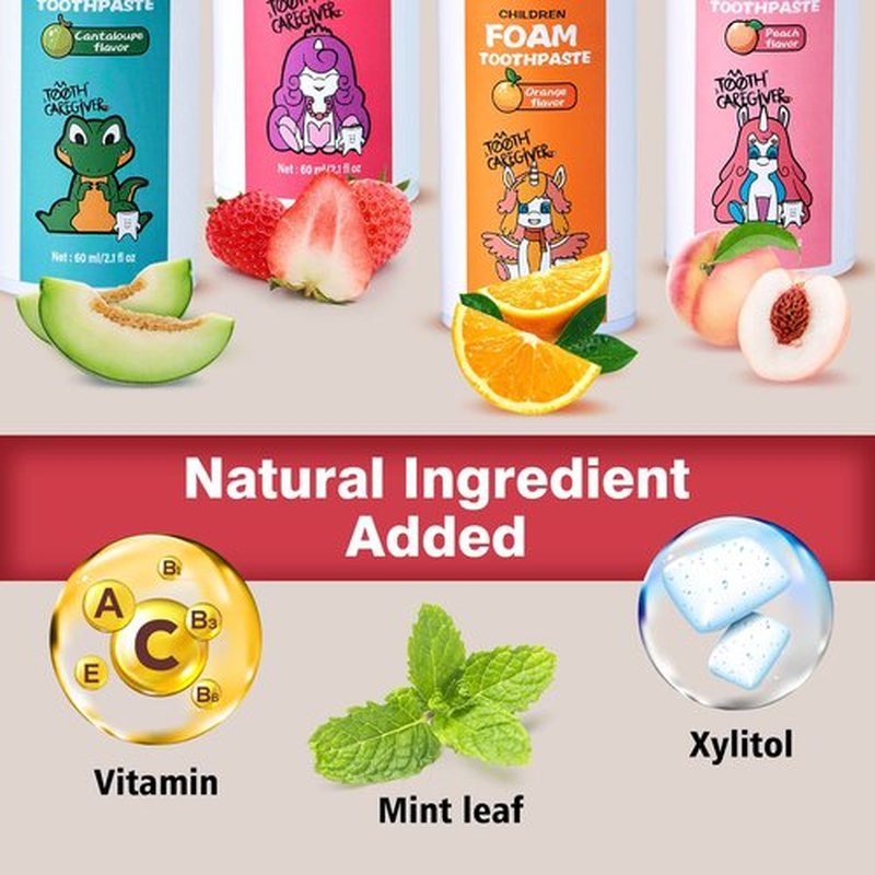 NOHOO Kids Foam Toothpaste with Fruit Flavor,Fluoride Free Natural Formul, Foam Toothpaste for Electric Toothbrush,Suitable for Toddler's Oral Cleaning and Cavity Prevention (2Strawberry+2Peach)