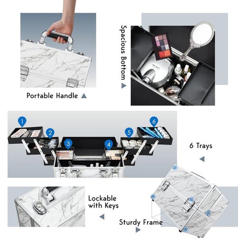Frenessa Makeup Train Case Marble Leather Cosmetic Organizer Case 12 Inch Large Makeup Box 6 Trays Makeup Storage Organizer for Makeup Artist, Nail Tech Students, Craft Tools Travel Makeup Case Marble