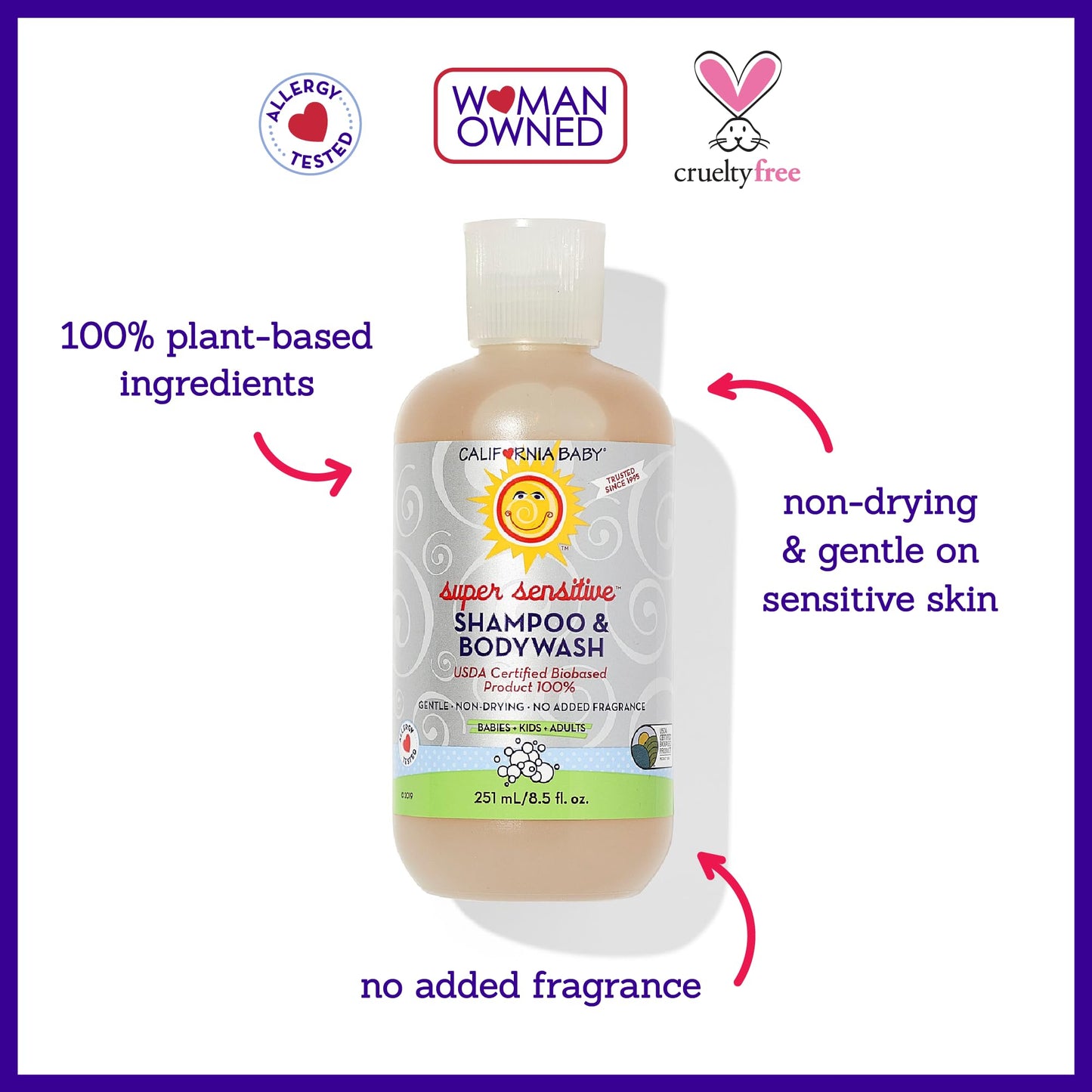 California Baby Super Sensitive Baby Shampoo + Baby Wash | 100% Plant-Based | Unscented Body Wash For Sensitive Skin | Hypoallergenic | 251mL / 8.5 oz