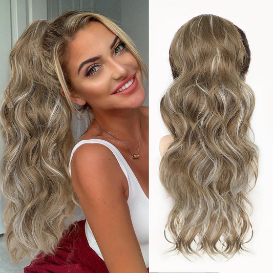 ALXNAN Ponytail Extension,Drawstring Ponytail Hair Extensions Brown with Blonde Highlights Long Wave Ponytail for Women
