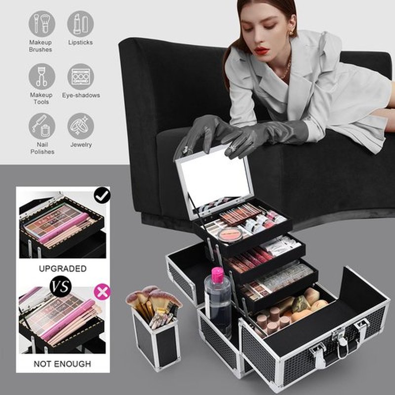 Joligrace Makeup Box Organizer Large Makeup Case 3-Tray with Mirror Carrying Make-up Train Case with Brush Holder Locking Portable Cosmetic Travel Storage Shiny Black