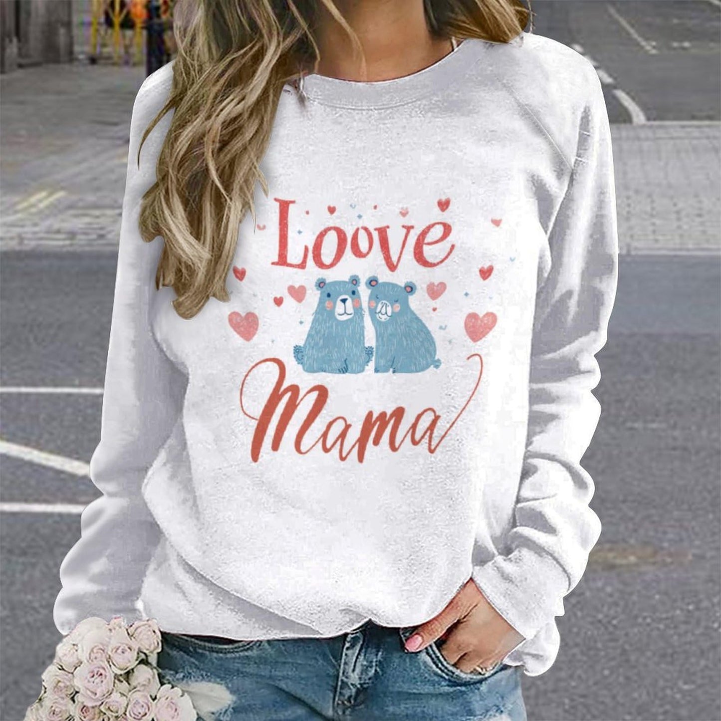 MARSVOVO Mama Sweatshirt White Bear Pattern Cute Mom Pullover Round Neck Casual Long Sleeve Linen Baggy Oversized Fall Graphic Sweatshirts For Women,XL