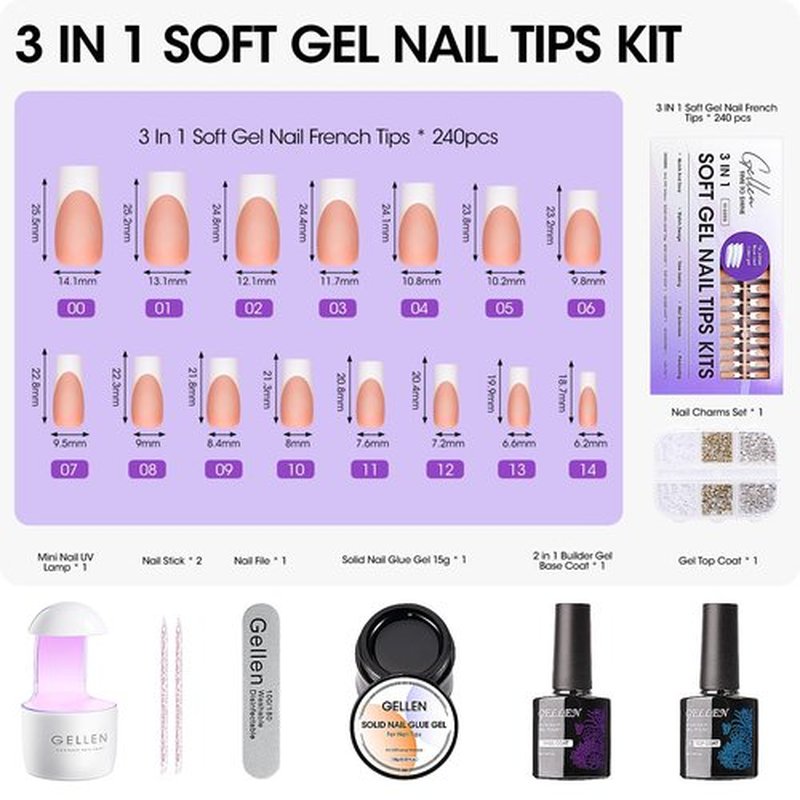 Gellen French Gel Nail Kit - Brown Long Square French Tip Fake Nails Matte Finished White Tips French Press on Nails, Solid Gel x Nail Glue & Top and Base Coat Gel Nail Polish for Nail Art DIY