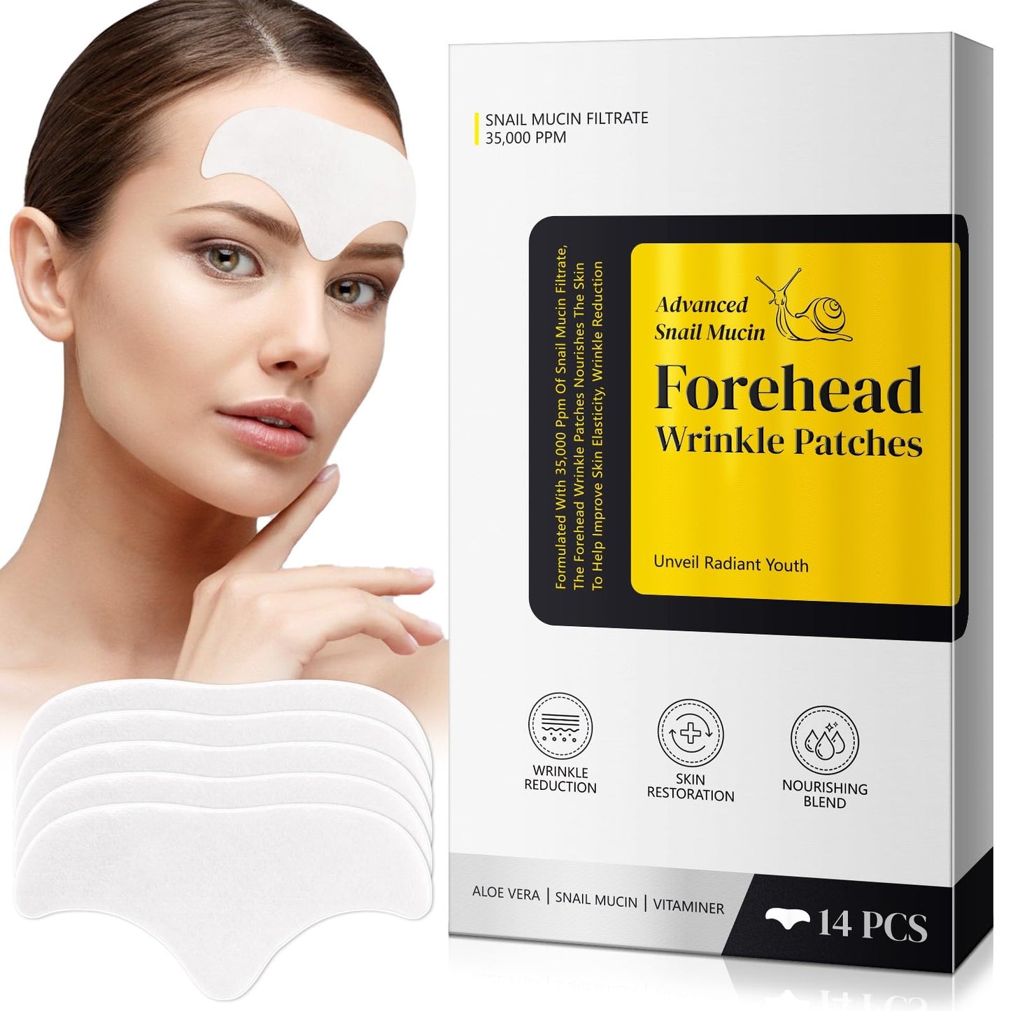 Marianp Forehead Wrinkle Patches With Snail Mucin - Smooth Fine Lines & Wrinkles, Anti-Wrinkle Patches with Collagen,Aloe,Vitaminer, Anti Wrinkle Patches - For Overnight Use, 14 Patches