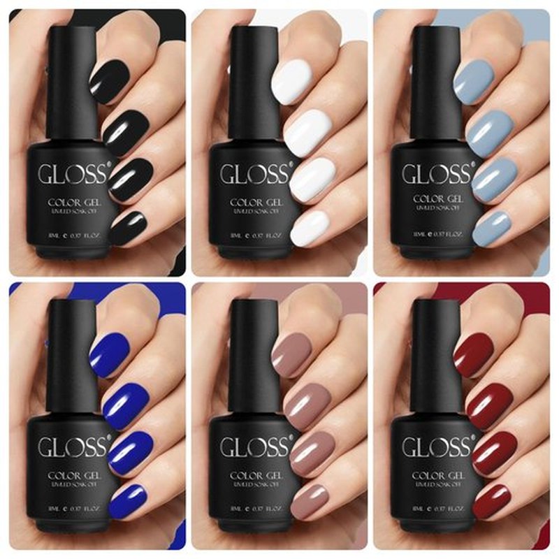 GLOSS Basic Gel Nail Polish Set | 6 Pcs with Black, Red, White, Navy Blue, Gray & Pink Colors, UV LED Gel Polish, Soak off Nail Art Design, DIY at Home Gifts for Women & Girls